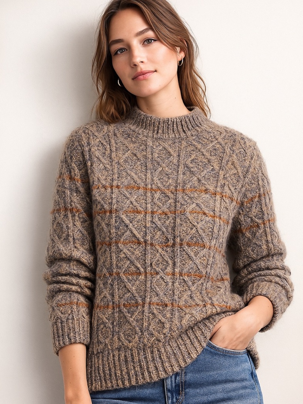 Cozy Cable-Knit Crewneck Sweater in Taupe with Rust Stripes